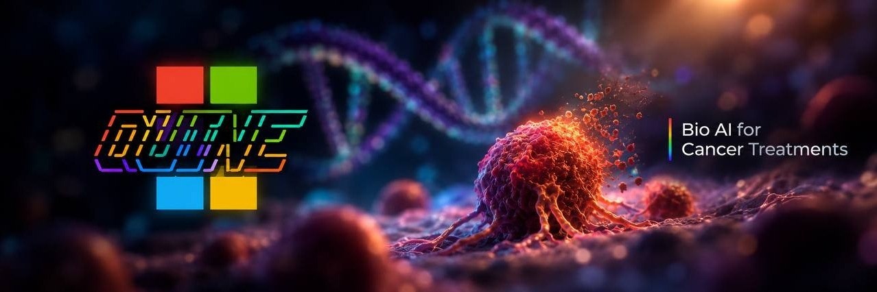 QUINE banner: a DNA helix and a cancer cell dissolving into particles, with the text Bio AI for Cancer Treatments